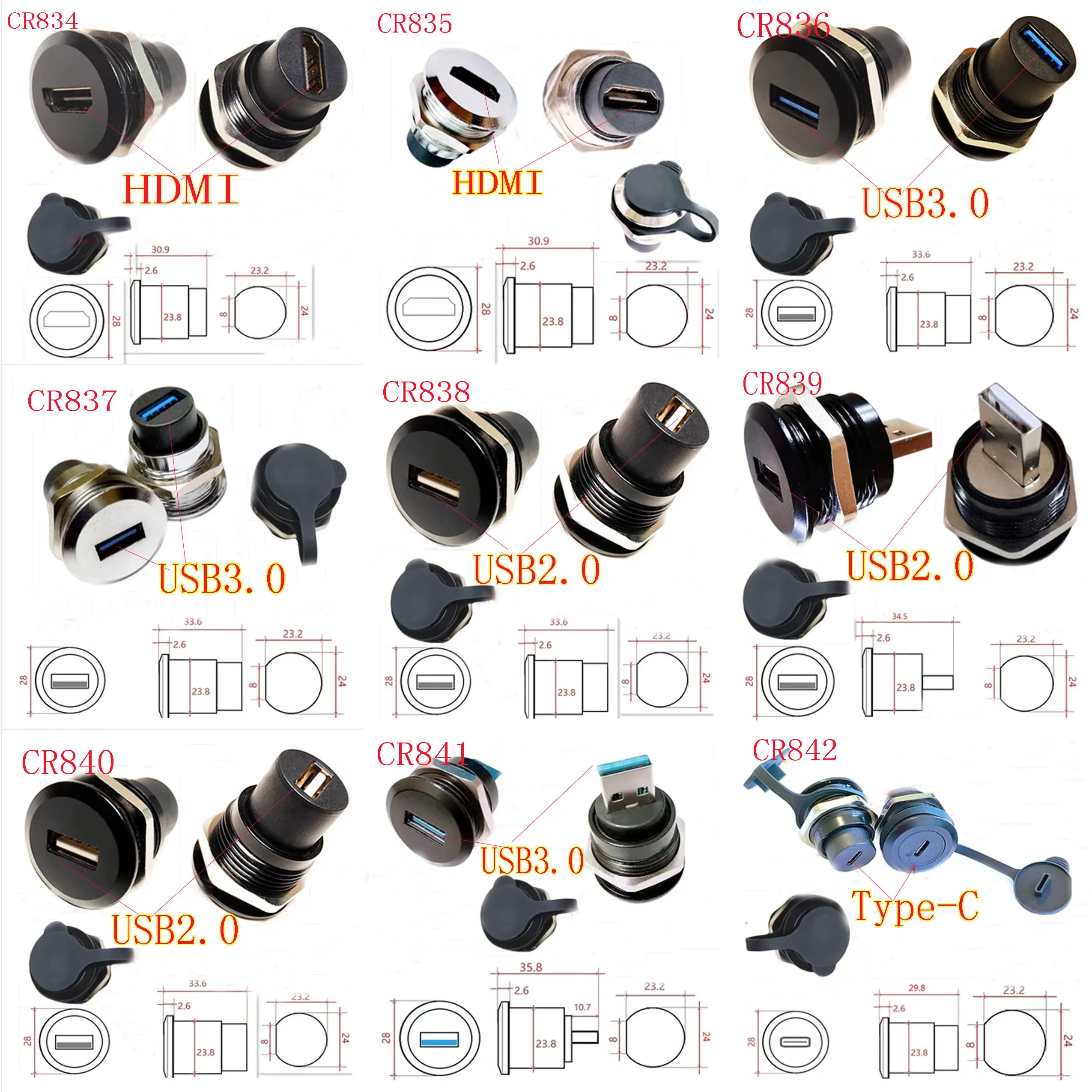 1PCS Metal Double-Row Type C to USB3.0 Socket Female To Female Data Adapter Industrial USB Connector 20V/5A Dustproof Cover