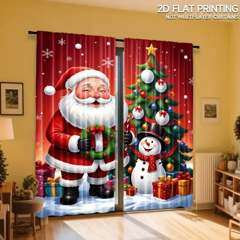 VIKAMA Christmas Blackout Curtains Red Santa Snowman Xmas Tree Gift Print Window Drapes For Living Room Bedroom Dining Room