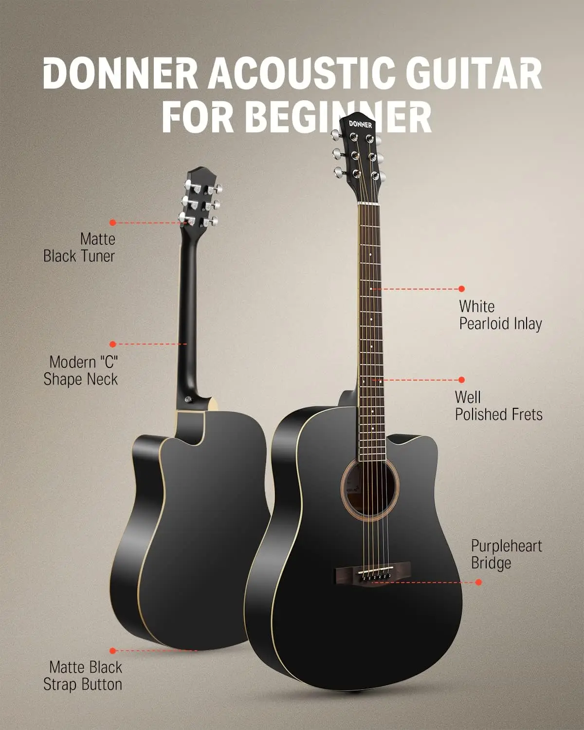 41-Inch Full-Size Black Steel-String Acoustic Guitar Starter Bundle - Cutaway Guitar Kit for Beginner, Teen & Adult Players with Free Online Lesson, Gig Bag, Strap, and Tuner
