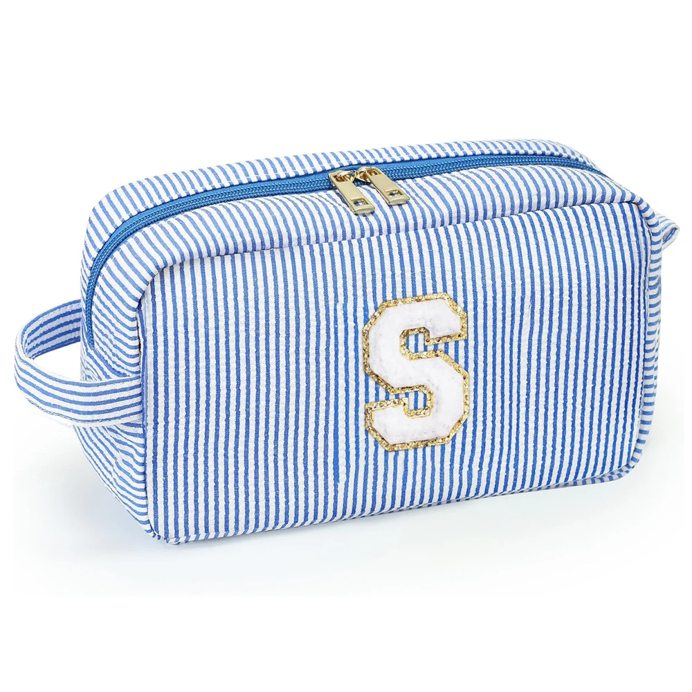 Personalized Cute Initial Waterproof Blue Chenille Letter Patch Cosmetic Bag Makeup Pouch Toiletry for Women Girls Gifts