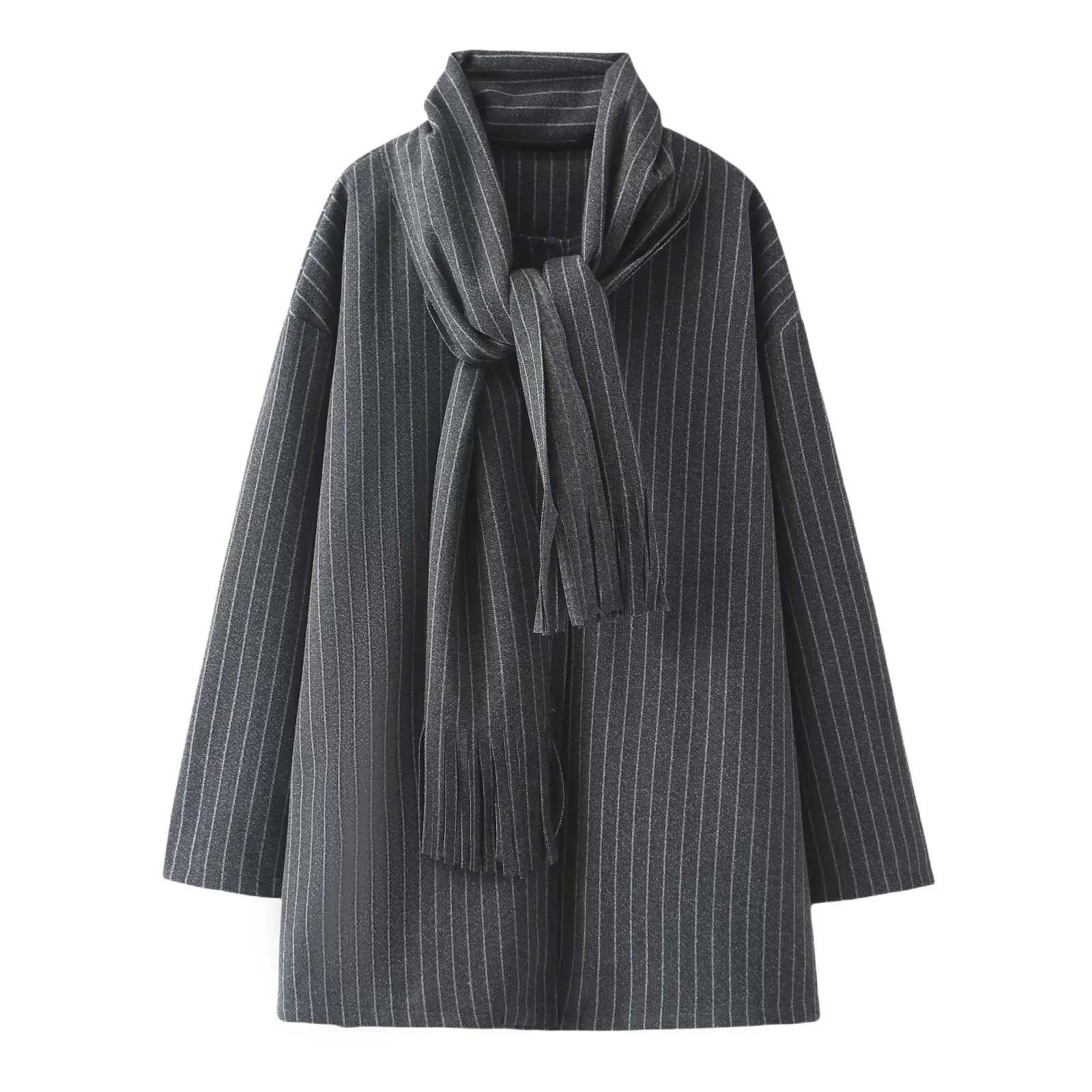 

New Women's Fashion Versatile Striped Woolen Scarf Long Sleeved Loose Jacket