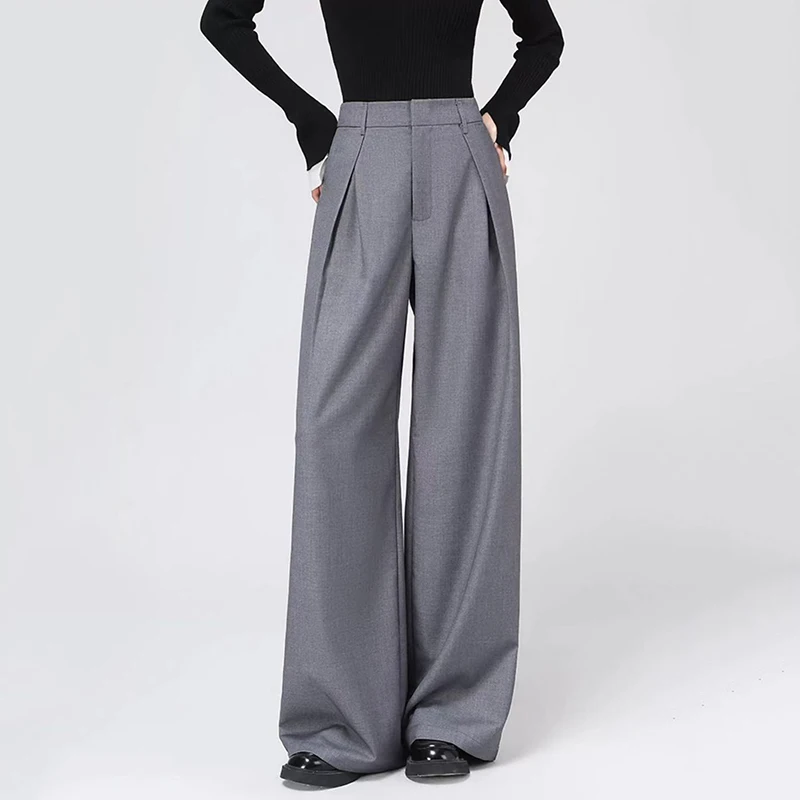 Elegant Baggy Grey Suit Pants for Woman Korean Fashion Office Lady Casual Wide Leg Pants Harajuku High Waist All-Match Trousers