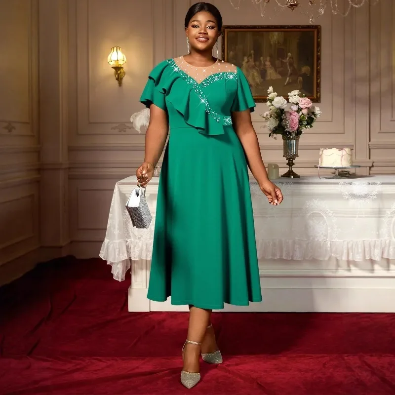 

L-4XL Plus Size African Dresses for Women Autumn Elegant African Short Sleeve Mesh Polyester Midi Dress Dashiki Africa Clothes