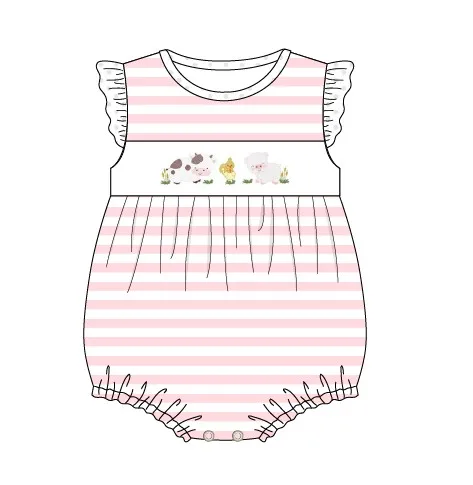 Baby Boutique Short Sleeve T-shirt Set Round Neck Farm Animal Embroidery Girl Dress Boy Pink Stripe Top Clothes And Blue Pants