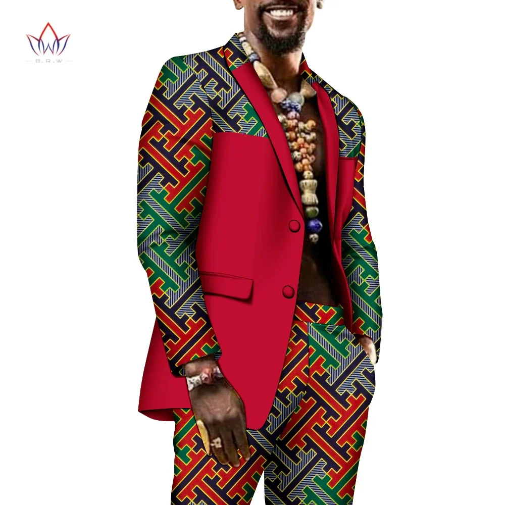 BintaRealWax African Wax Print Men Suit Dashiki Jacket and Long Pant Set Bazin Plus Size Traditional African Clothing WYN1760