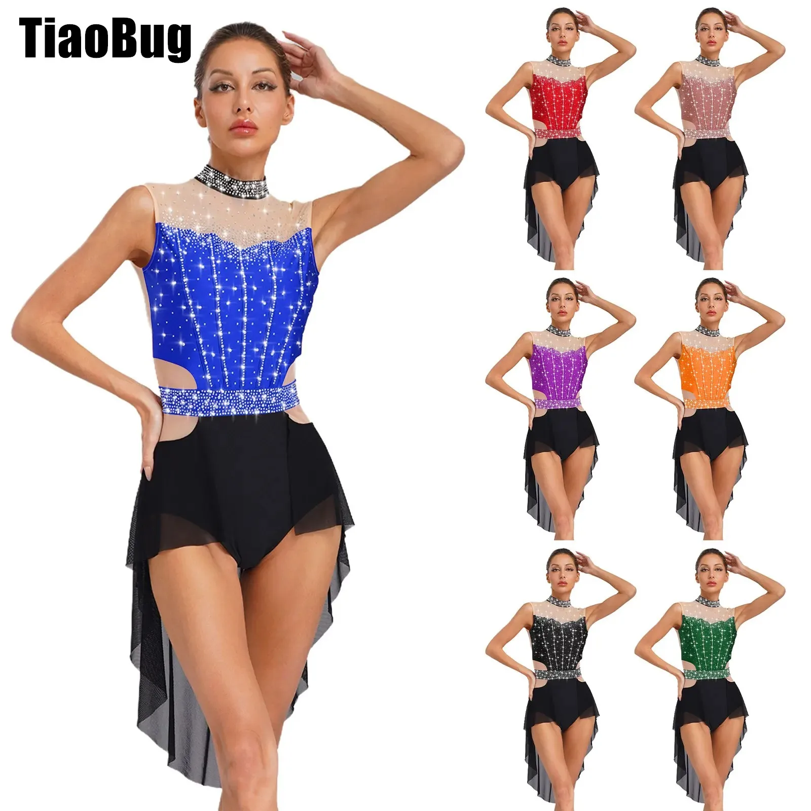 

Women Lyrical Jazz Dance Skirted Leotard Mock Neck Sleeveless Backless Shiny Rhinestones Color Block Mesh Patchwork Dress