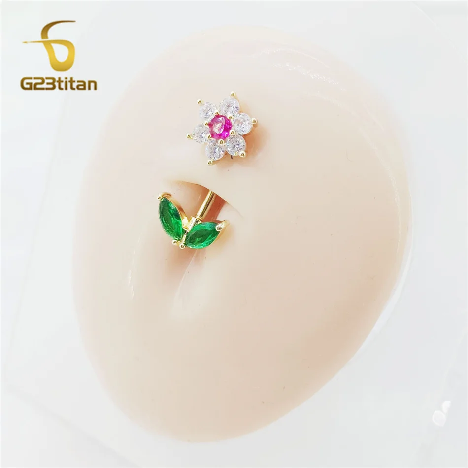 G23titan Zircon Flower Belly Button Ring Women Sexy Navel Piercing Jewelry Anti Allergic G23 Titanium Golden Accessories Ombligo