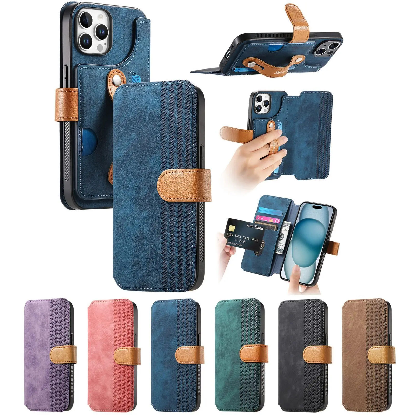 กระเป๋าสตางค์หนังสําหรับiPhone 16 15 14 Plus 13 12 11 Pro MaxสายKickstandช่องเสียบบัตรเครดิตกันกระแทกปกหลังShell