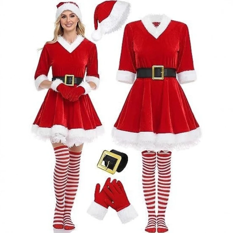 Elegant Adult Women's Sweet and Sexy Christmas Costume Holiday Party Dress-Up Outfit Fitted Santa Claus Performance Costume
