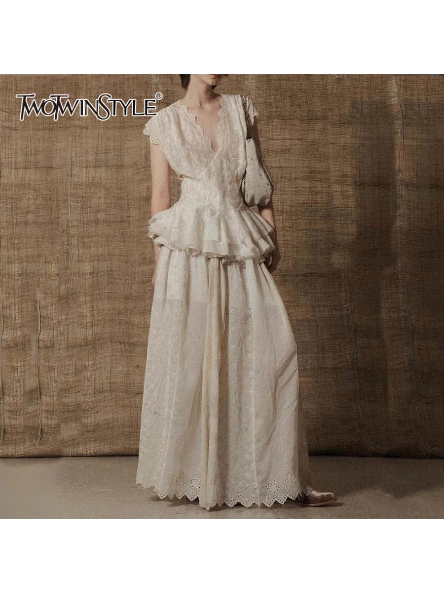 

TWOTWINSTYL Solid Spliced Embroidery Two Piece Sets for Women V Neck Short Sleeves Patchwork Ruffles Top Long Skirt Set Female