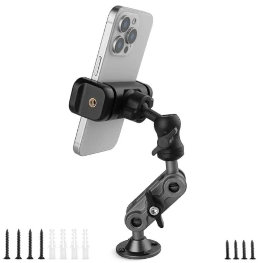 

Wall Mount Phone Holder Drilling Base Heavy Duty iPhone Stand, 360 Adjustable 2-Stage Arms Mount for Wall/Desk/Car/Truck/Van Da
