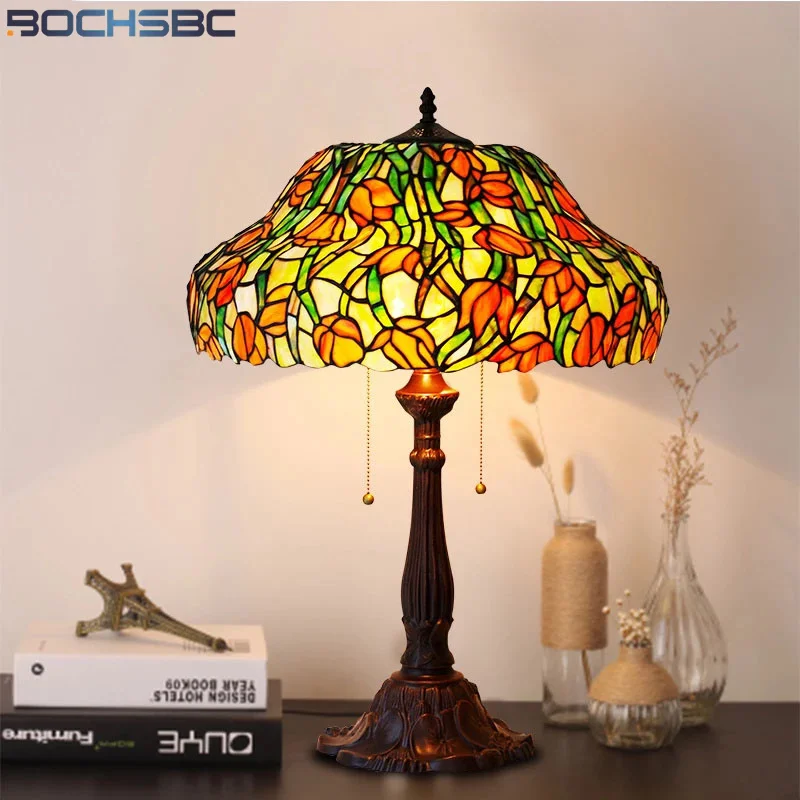 BOCHSBC Tiffany Desk Lamp Tulip Garden Multi Stained Glass Coffee Baking Finish Frame Table light 18 Inch Light Art Decorative