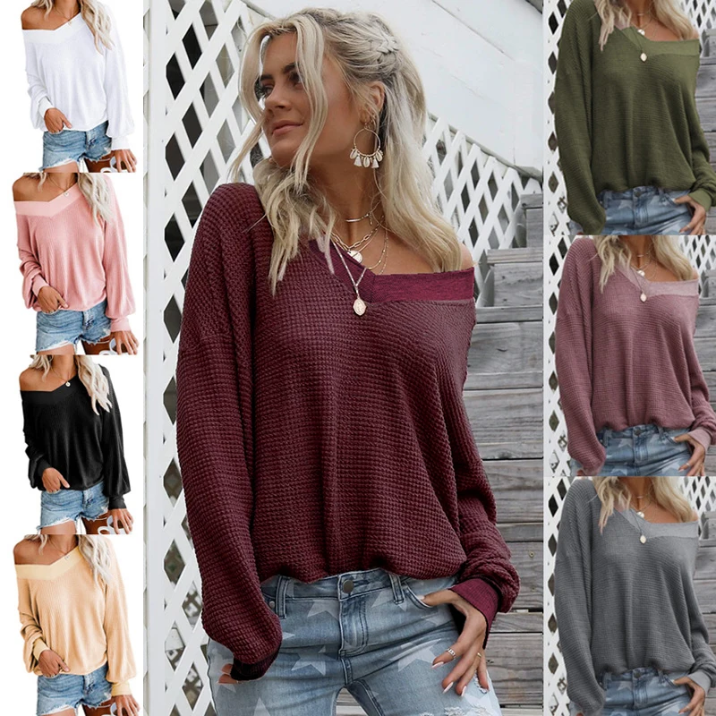 Womens Oversized Off The Shoulder Tops Long Sleeve Waffle Knit Shirt V Neck Pullover Sweater