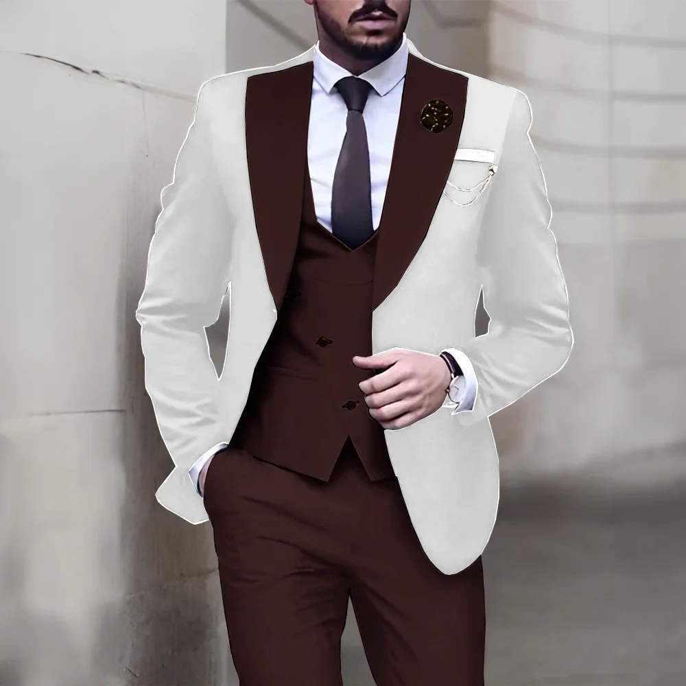 Formal Wedding Groom Tuxedo Elegant Men\'s Suit 3 Piece Set White Jacket Pants Vest Custom Outfit Fashion Blazer