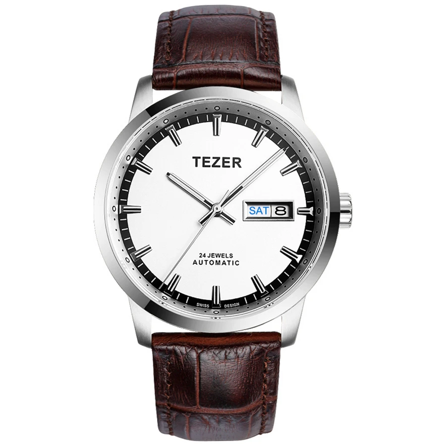 TEZER Men Automatic Watch | Polished Silver Steel Case | White Marker Dial | Day Date Window | 5ATM Mechanical Wristwatch