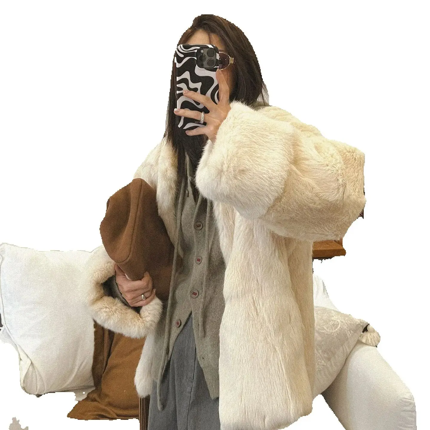 Pelliccia di coniglio dalla struttura semplice, consistenza morbida e brillante, cappotto da donna dal design a maniche lunghe