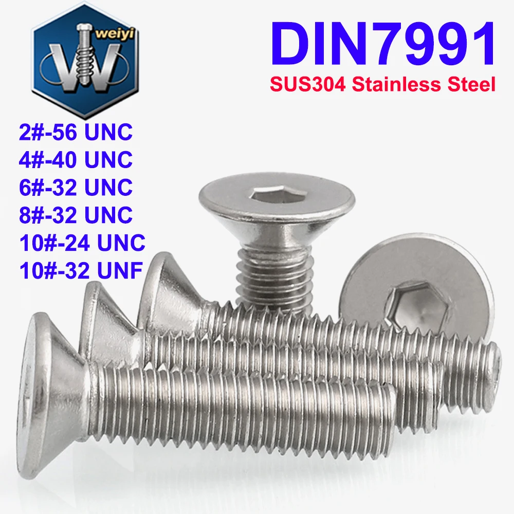 

Weiyi DIN7991 Flat Key Bolts 2# 3# 4# 5# 6# 8# 10# UNC UNF Thread SUS304 Stainless Steel Hexagon Socket Countersunk Head Screws