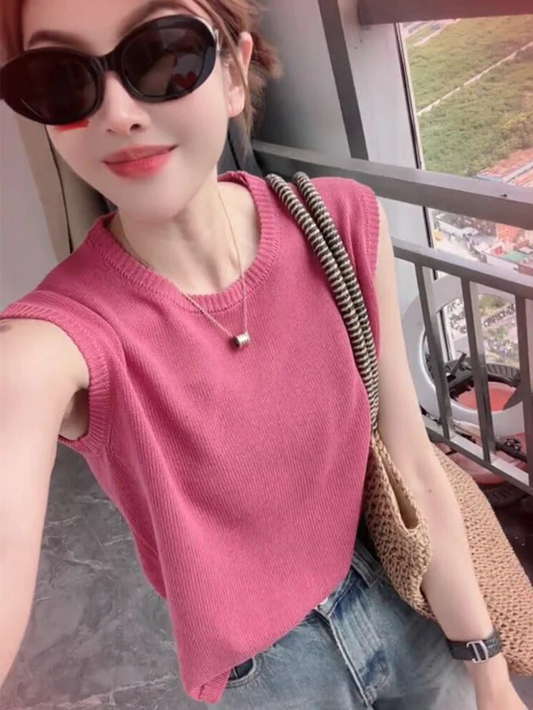 

Модный вязаный жилет с круглым вырезом для женщин: комфортный, свободного кроя, летний, тонкий, для повседневной носки