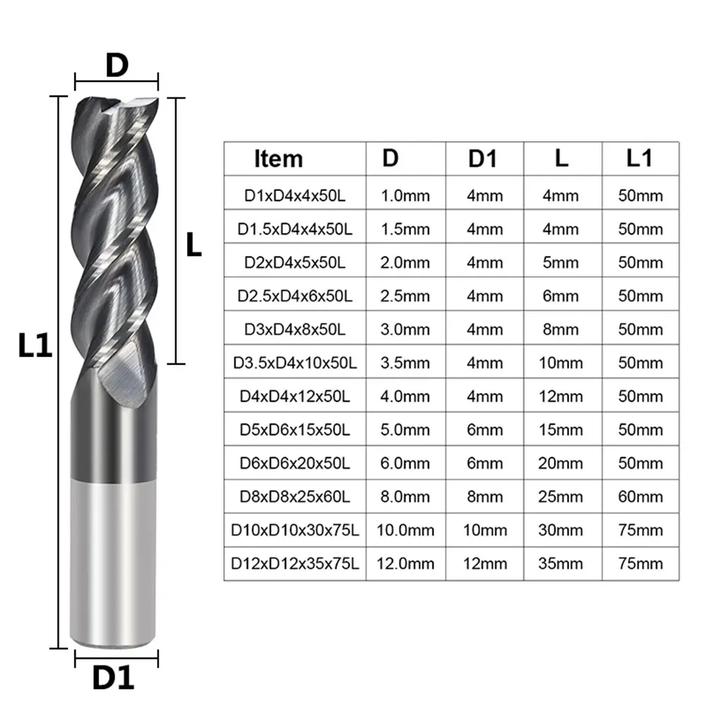 1-12mm carbide end mill 3 flute  milling bit for cutting super coated aluminum copper cnc router  cutter