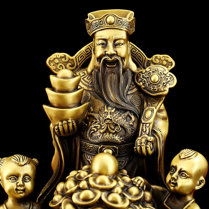 Copper Of Ornament, Exquisitely Crafted Treasure Basin, God Of Wealth With Golden Boy Jade Girl, Home And Office