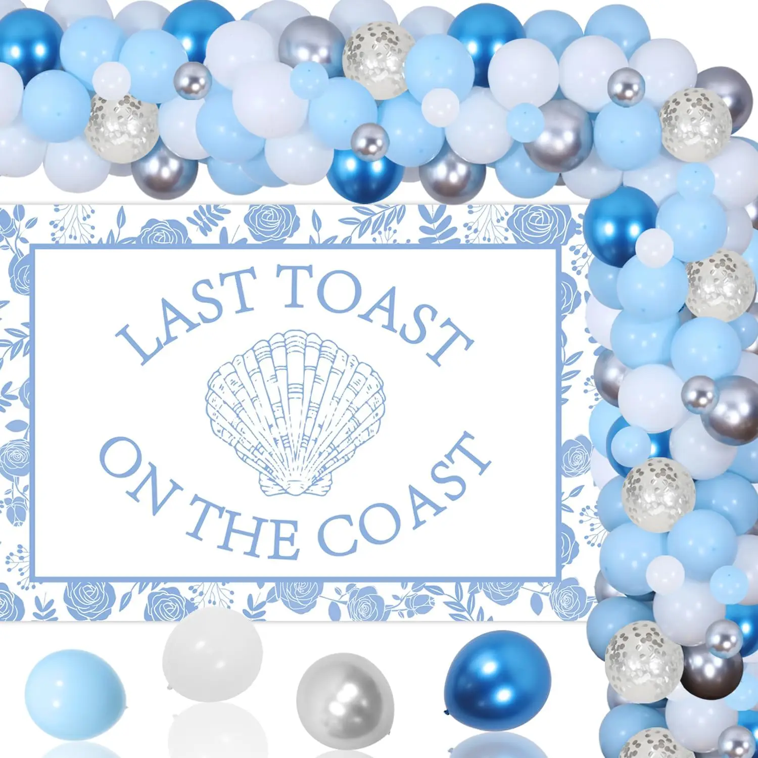 

Joymemo Last Toast on The Coast Bachelorette Party Decorations Blue Backdrop Balloon Garland Shells Flower Bridal Shower Supply