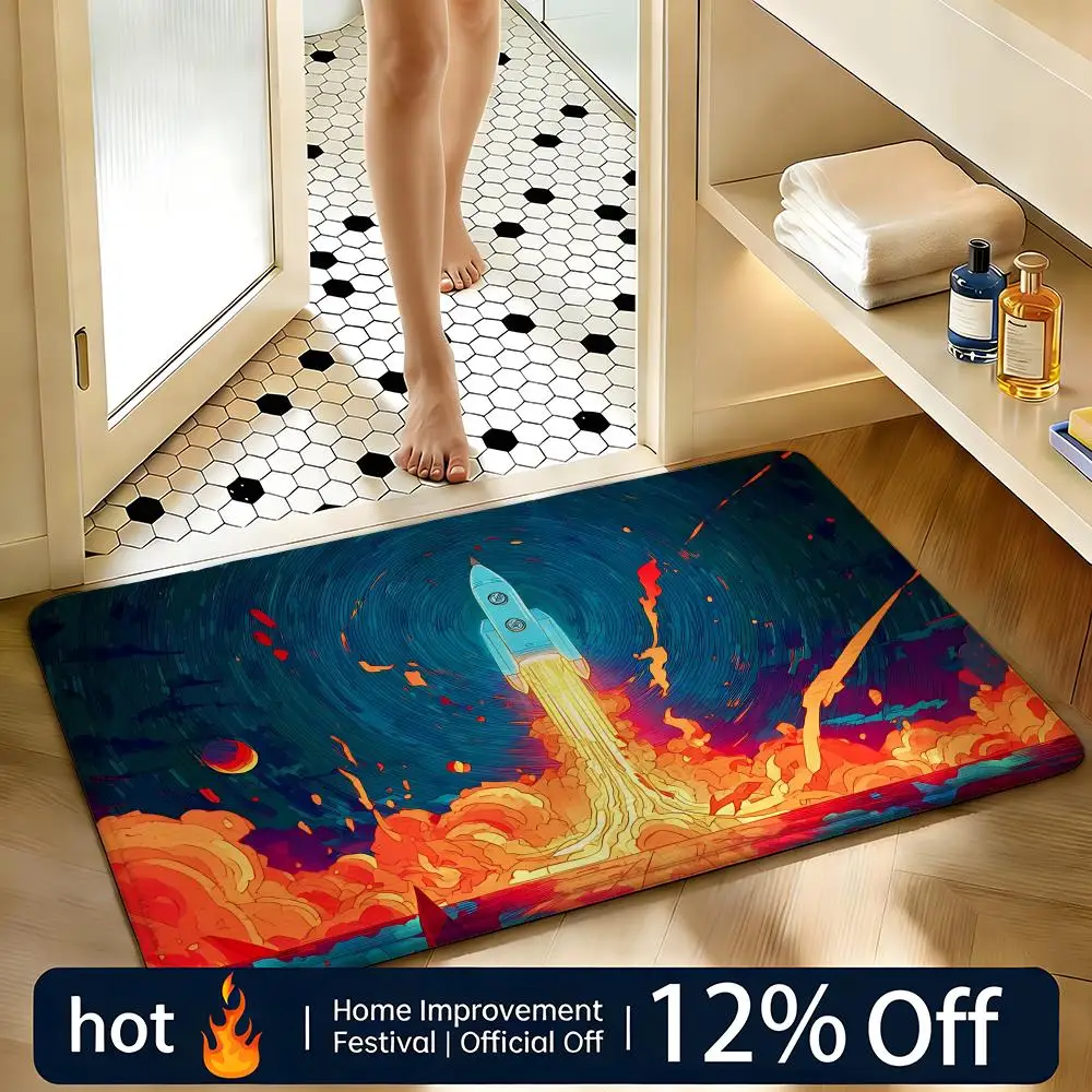 Soft Absorbent Non-Slip Rug Art Rocket Spaceship Floor Mat Home Decor Doormat Bedroom Floor Mat Shower Carpet