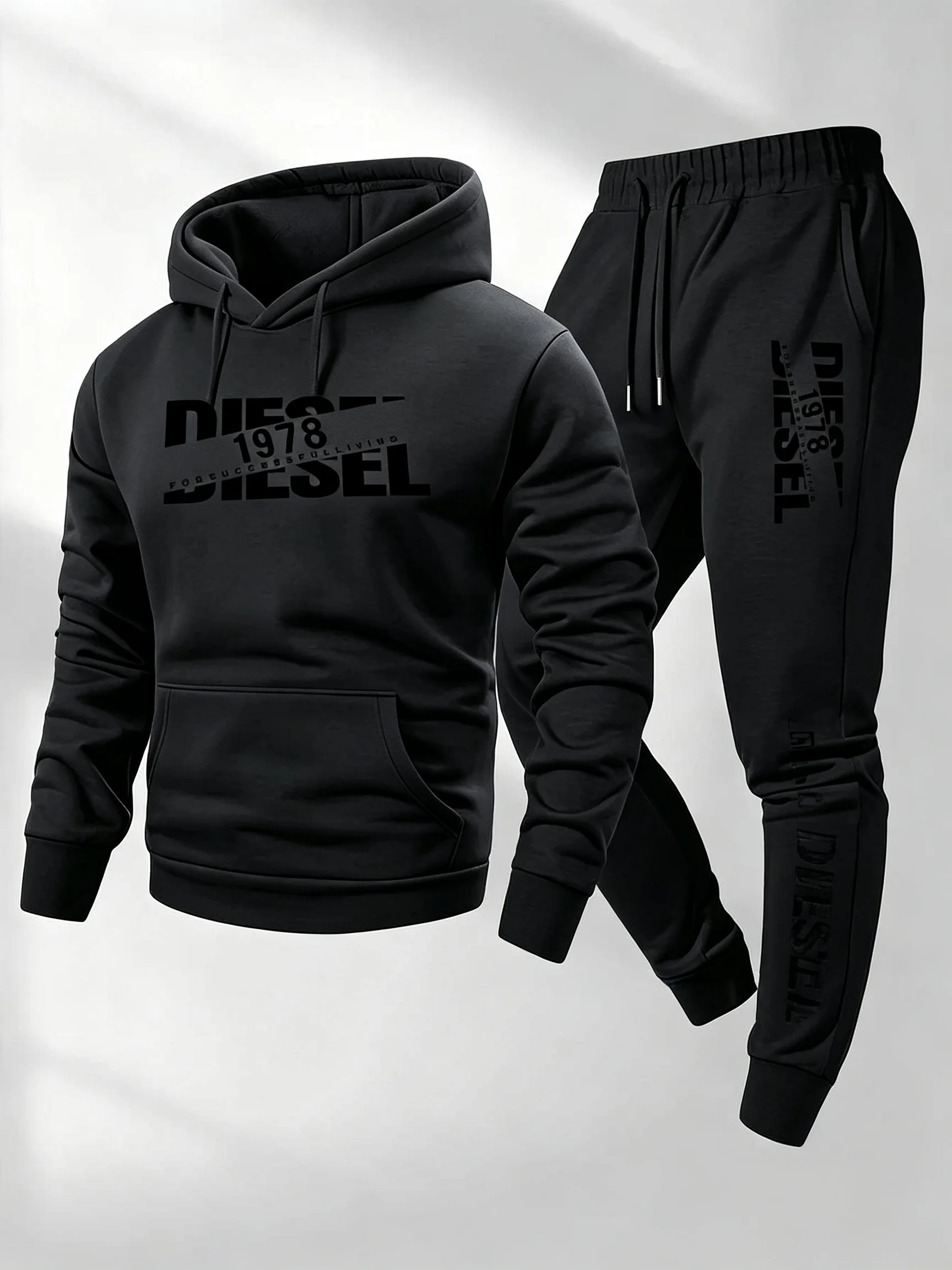 Outdoor Sports Outfit - Men Fashion Print Tracksuit Hooded Sweatshirt+Sweatpants