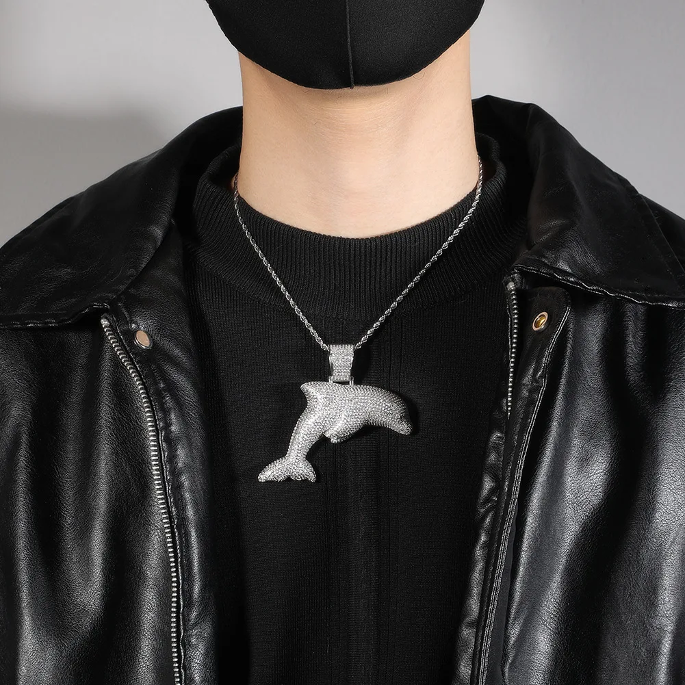 

Personalized and creative large dolphin pendant necklace hip hop cartoon 5A zircon men and women trendy cool necklace