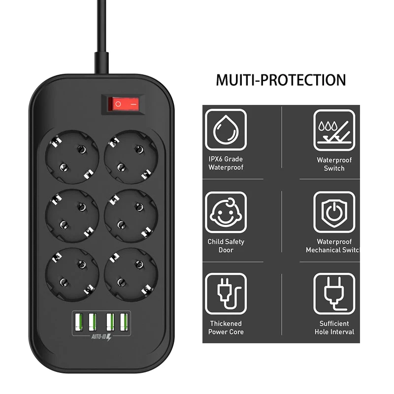 Power Strip Multitap Extension Cord Electrical Socket With 4 USB Ports Charge Multiprise Network Filter Individual Switch.