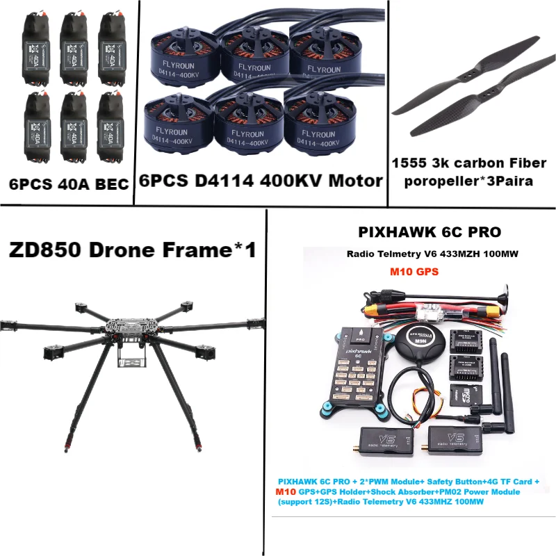 ZD850 6C PRO M8N M9N M10 Full Carbon Fiber 850mm Hexa-Rotor Frame BLHELI 40A ESC Flight Comtrol Rado Telemetrie Set