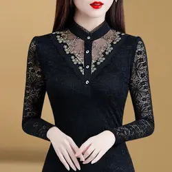 2023 Autumn New Lace Women's Top Thin Black Slim Fit Korean Edition Underlay Long Sleeve Standing Neck Small Shirt