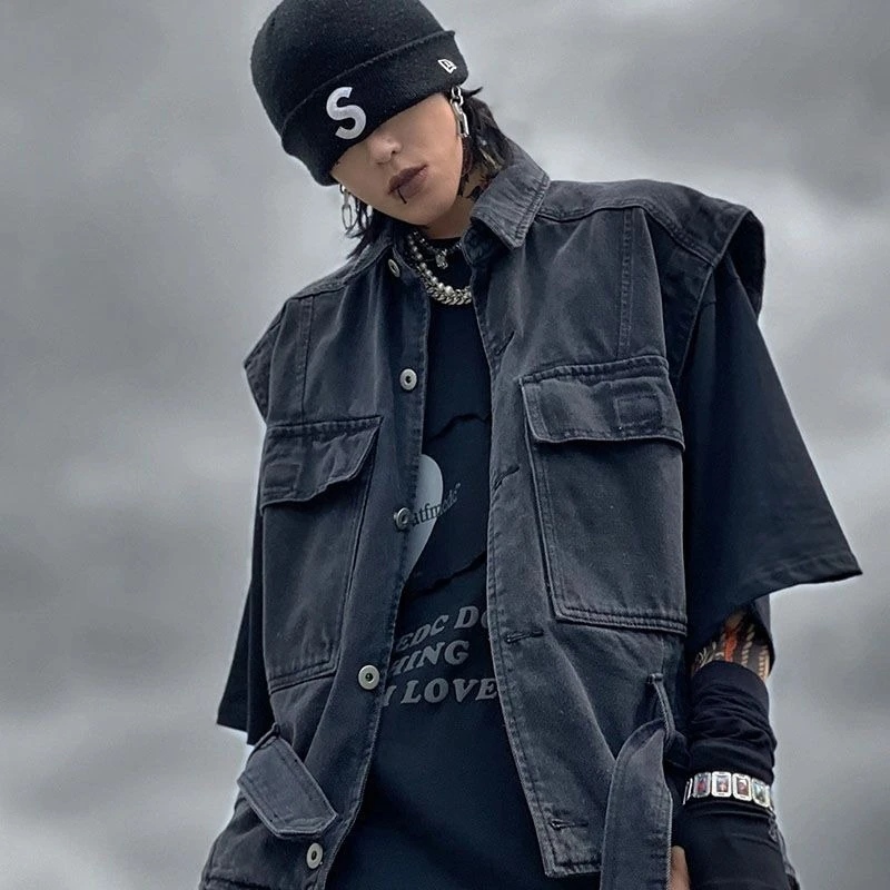 Premium Washed Denim Vest Men Women Streetwear Distressed Cargo Jacket Outdoor Adventure Apparel