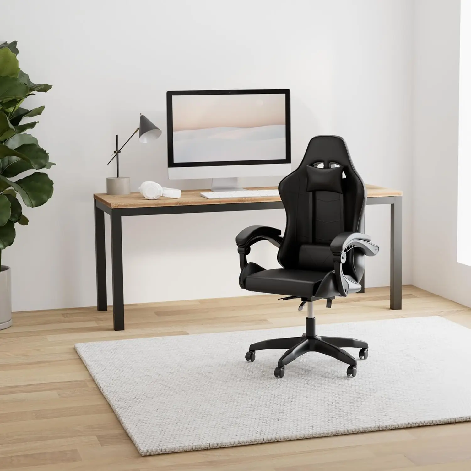 Ergonomic electronic gaming chair with adjustable swivel office chair, headrests, and lumbar support in racing style， Black