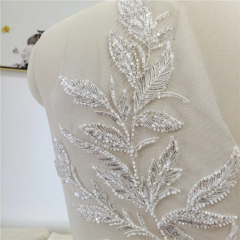 Luxury beaded sequin embroidery lace appliques for wedding dresses Rhinestone lace applique patches Embroidery lace parches ropa