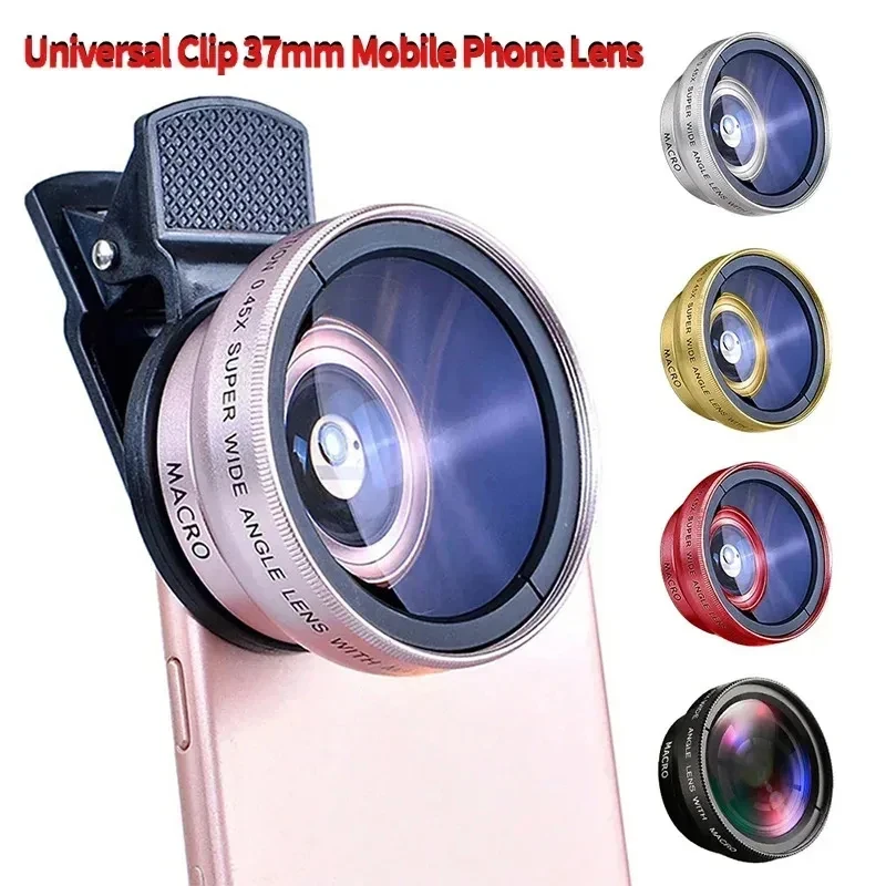 

2IN1 Lens Camera Universal Clip 37mm Professional 0.45x 49uv Super Wide-Angle Macro Lens For iPhone 15 12 Samsung Huawei