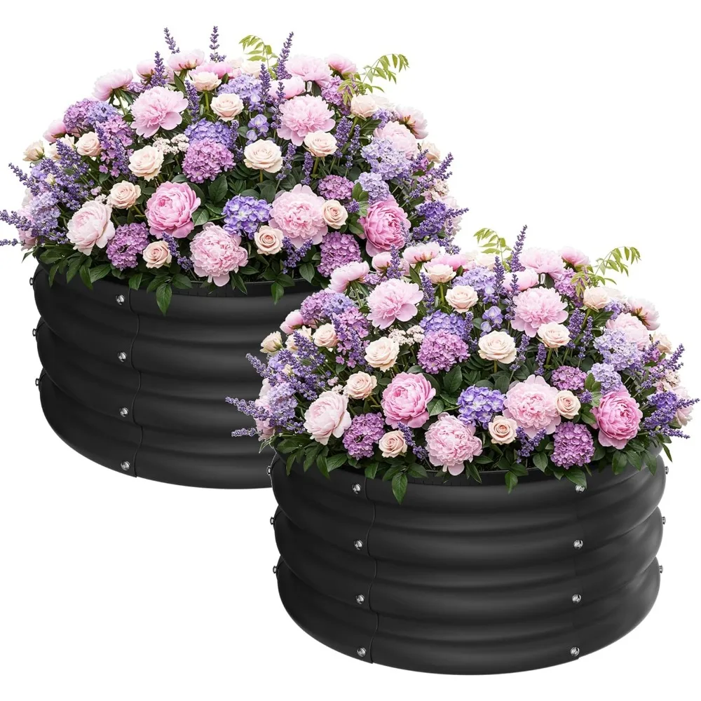 

Round Galvanized Raised Garden Bed Kit, Black Outdoor Planter Box for Vegetables, 2x2x1ft Metal Beds, 2 Pcs