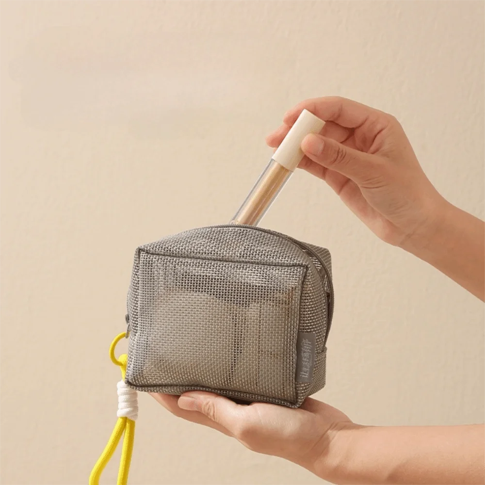 Tas Kosmetik Jala Portabel Kapasitas Besar Abu-abu dengan Resleting, Dompet Koin Persegi, Dilengkapi Pegangan, Tas Perlengkapan Mandi untuk Perjalanan