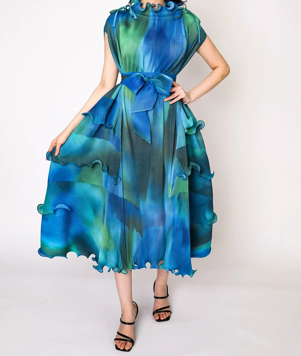 

2025 new plus size women's dress design pleated print irregular long skirt-GZXX991