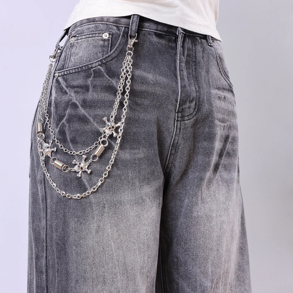 Cadena de metal para pantalones estilo punk rock, cadena de cintura hip hop, llavero de metal con colgante de calavera, cadena para jeans, accesorios y regalos para hombres y mujeres