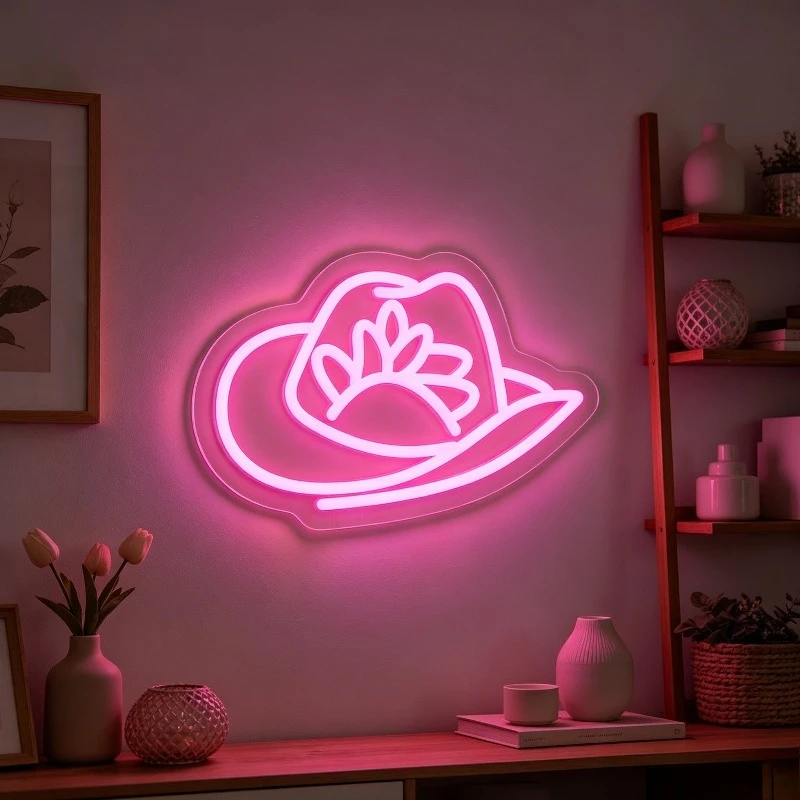 Cowboy Hat Neon Sign Dimmable LED USB Neon Light Sign for Western Wall Light Pink Room Country Theme Party Nursery Wall Decor