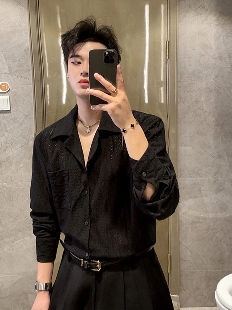 

Design Sensation Hollow out Long Sve Мужские волосы irt Vintage Sle Hair St Модный бренд Повседневная Свободная посадка Дышащая