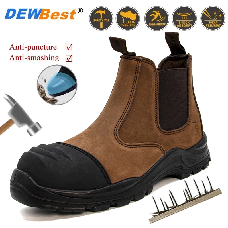 Men's Anti-Smash and Anti-Puncture European Standard Steel-Toed Safety Boots Cowhide High-Top Work Protective Shoes