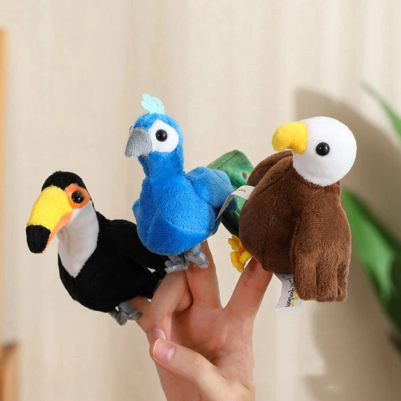 Animal marinho dos desenhos animados de pelúcia mão dedo fantoche brinquedos macio mini realista papagaio pavão tubarão polvo brinquedos engraçado dedo jogo adereços
