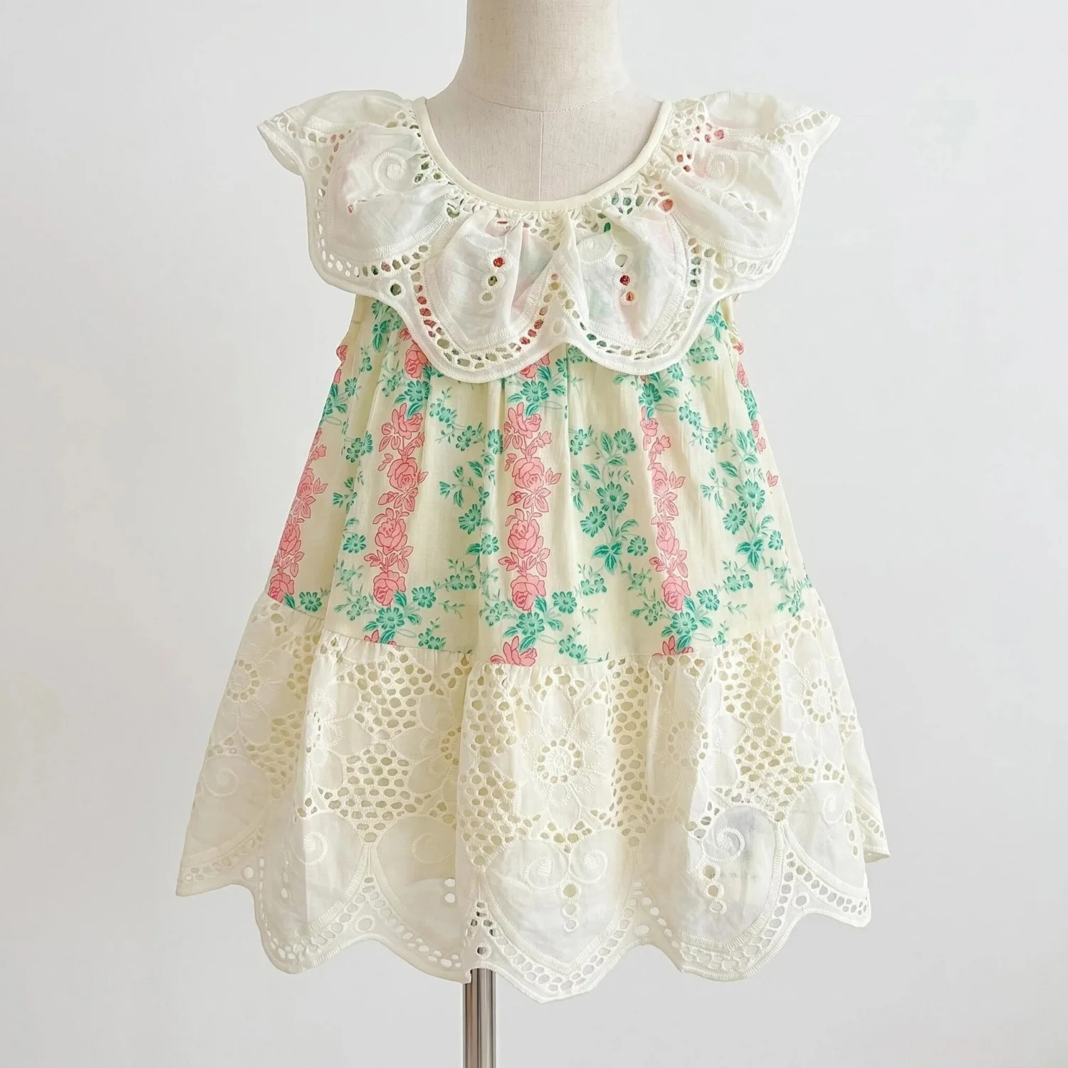 Children's Girly Dresses Floral Print Cut-out Scalloped Edges Summer Kids’ Clothes with Many Korean Reviews Sleeveless Lace