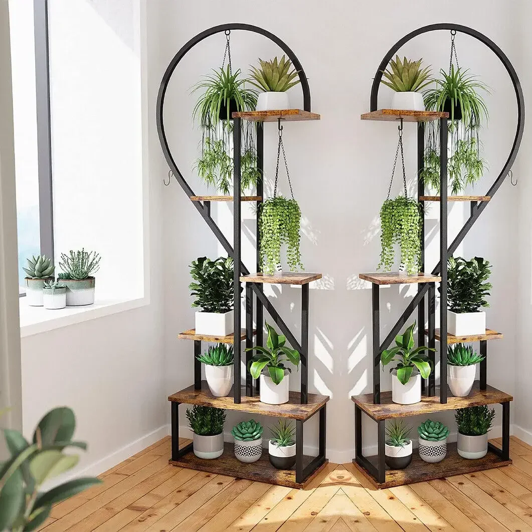 2X Plant Stand Half Heart Shaped Multiple Planter Rack Flower Display with Hooks 20 Pots Garden Ladder Planting Shelf