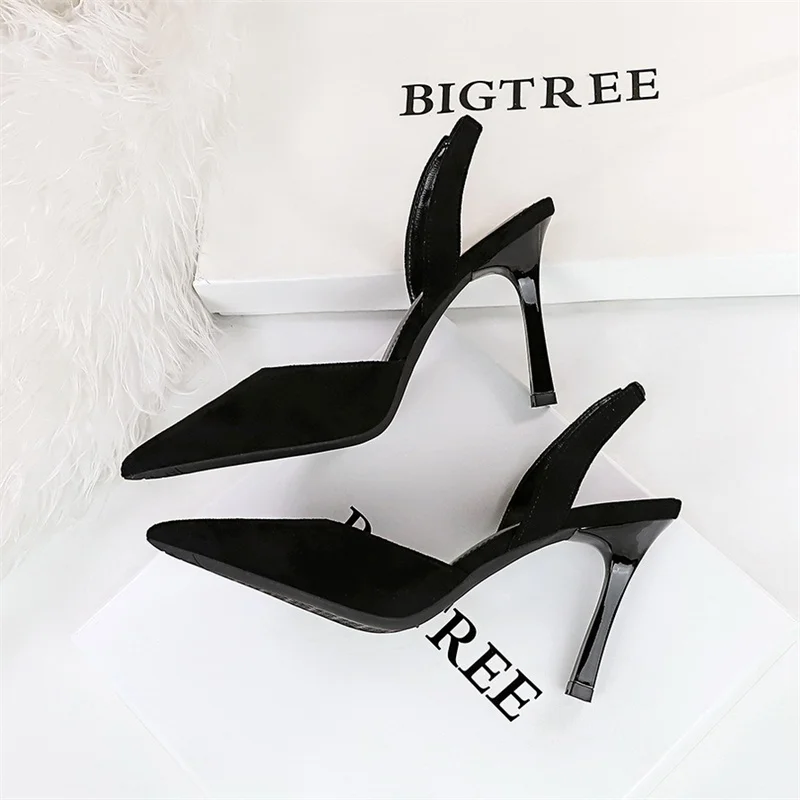 Women Fashion Simple Pointed Toe High-heeled Summer Sandals Party  Black Shallow Mouth Hollow Back Strap Office Slingback Shoes