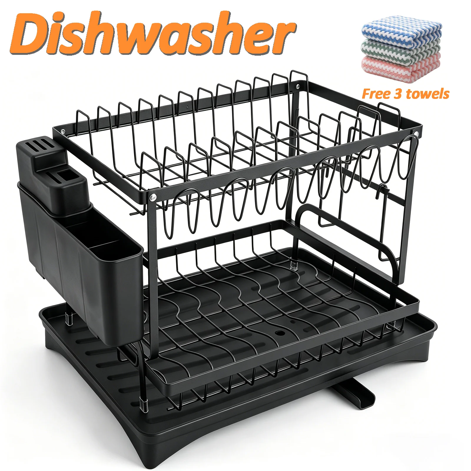 Rustproof Metal Black Dish Drainer Rack with Deep Tray
