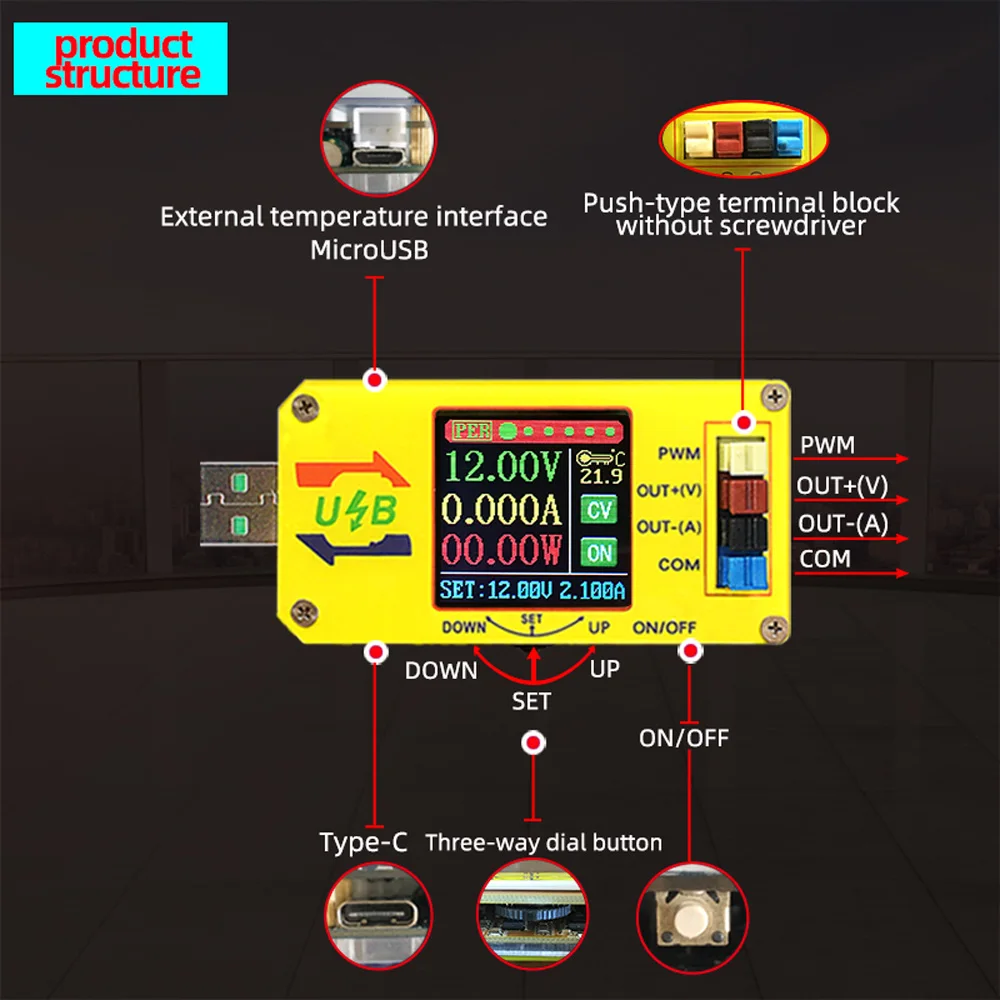 XY-UDTA CNC USB Voltage Step Up Down Power Supply Module 1.44 inch LCD Display 15W Voltmeter Ammeter Coulometer PWM Generator
