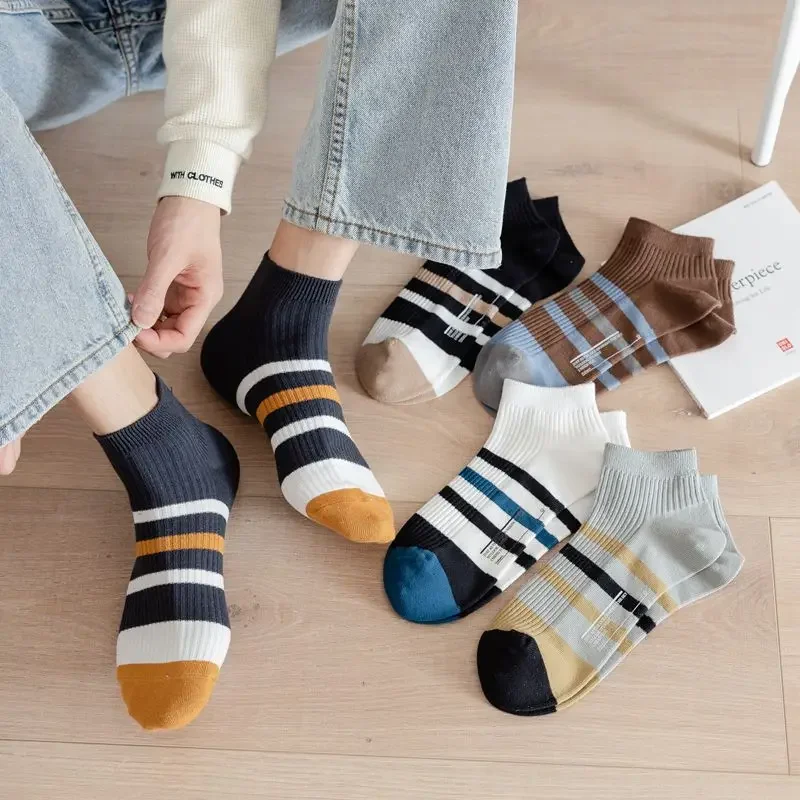 Men's cotton socks Japanese double-needle striped sweat-absorbing breathable leisure sports ins tide short socks