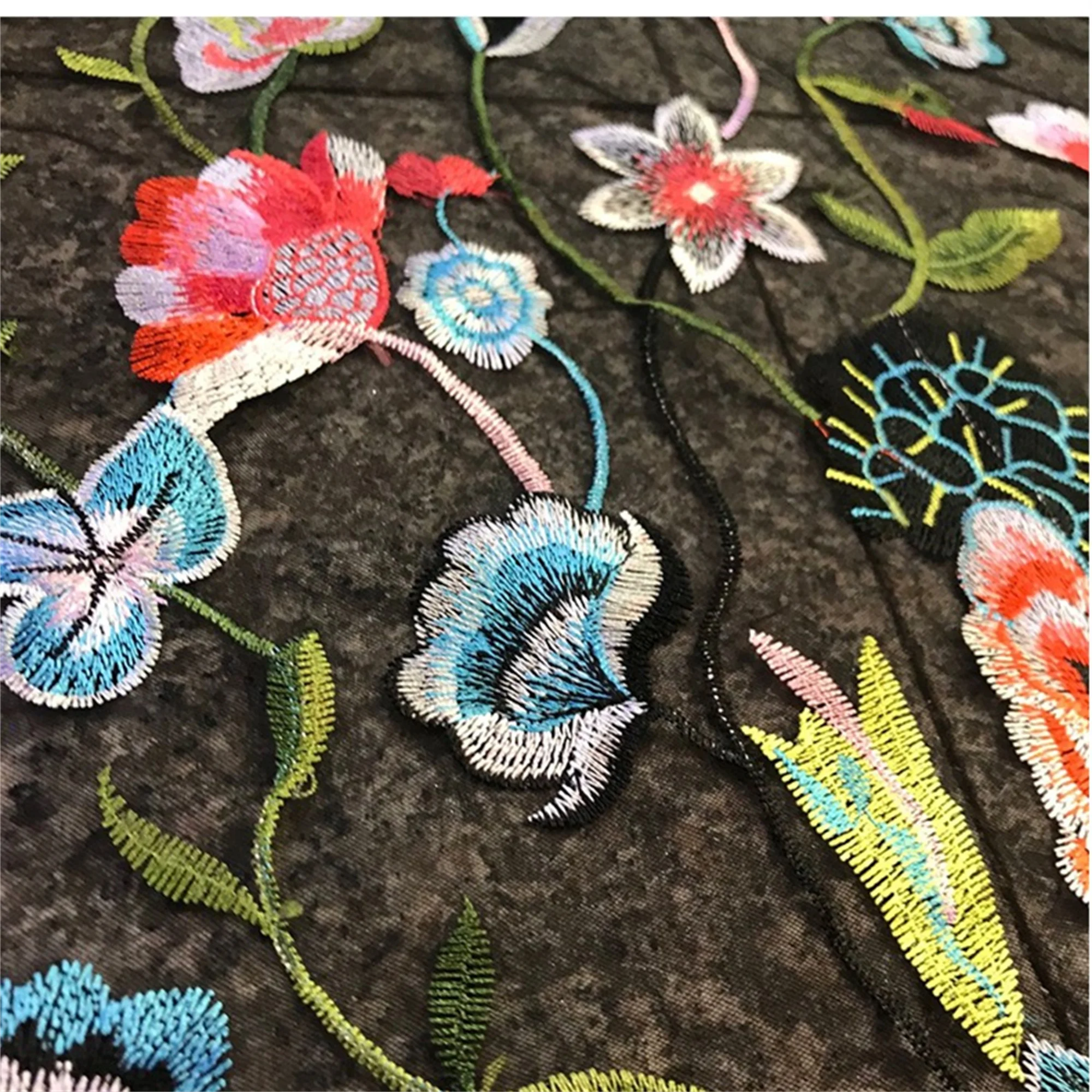 1 yard  Multi-colors Embroidery Flower Black Mesh Lace Fabric Wild Flowers applique for Skirt Apparel Summer Dress